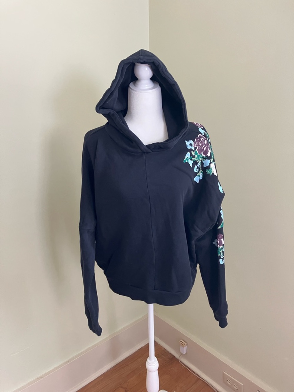 7 For All Mankind Black Hoodie with Floral Sleeve Detail